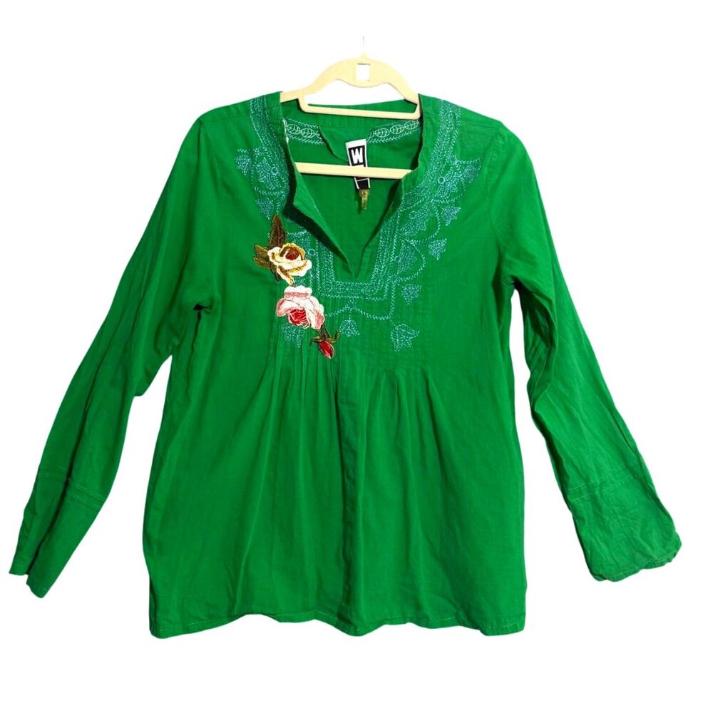 We V Neck Pleated Front Floral Embroidered Long Sleeve Top Size Large Green